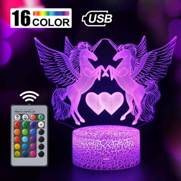 Nice Dream 3D Unicorn Night Light för barn, tjejer USB LED-lampa Illusion Night Light, 16 växlande färger med fjärrkontroll för -h