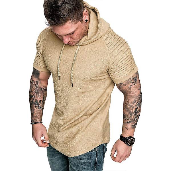 Herrar Plisserad Kortärmad Huvtröja Sommar Casual Sport Hoodies Toppar Khaki XL