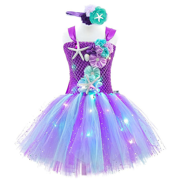 3-10 År Sjöjungfru Kostym Barn Flickor Led Ljus Upp Klänning Med Hårband Festklänning Presenter-Lila 7-8Years