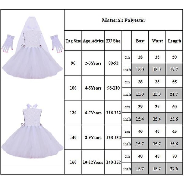 2-12 år Barn Jenter Ghost Bride Dress Veil Cosplay Kostyme Fancy Dress Klær Sett med hansker Halloween festgaver 2-3Y