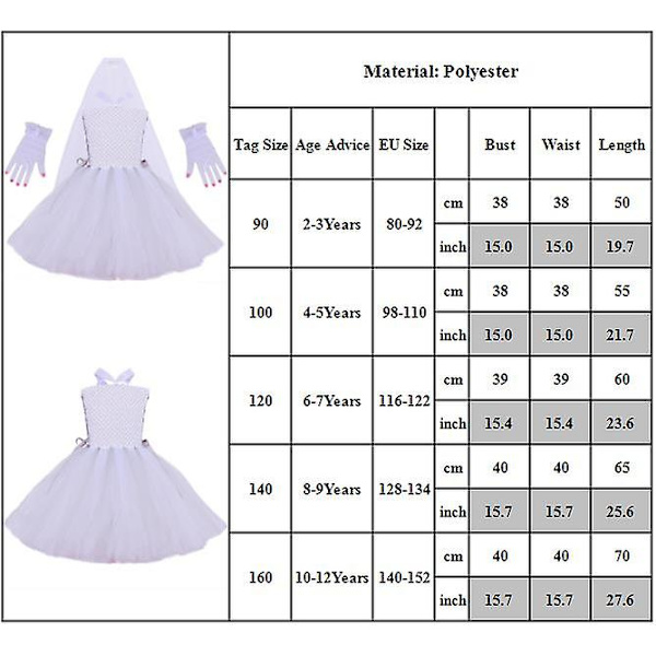 2-12 år Barn Jenter Ghost Bride Dress Veil Cosplay Kostyme Fancy Dress Klær Sett med hansker Halloween festgaver 2-3Y