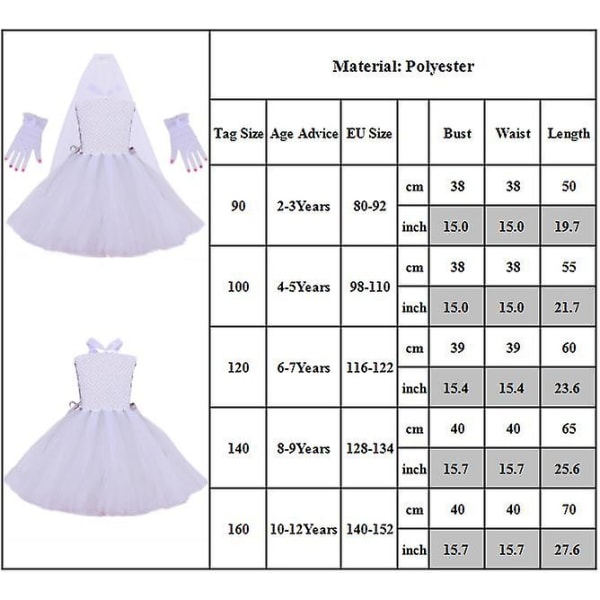 2-12 år Barn Jenter Ghost Bride Dress Veil Cosplay Kostyme Fancy Dress Klær Sett med hansker Halloween festgaver 6-7Y