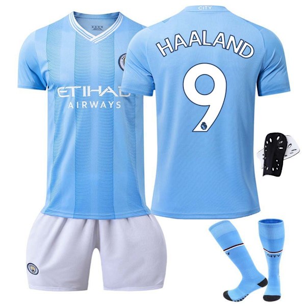 2324 Manchester City hjemmebanetrøje fodbolduniform Haaland med sokker+Beskyttelsesudstyr S(165-170cm)