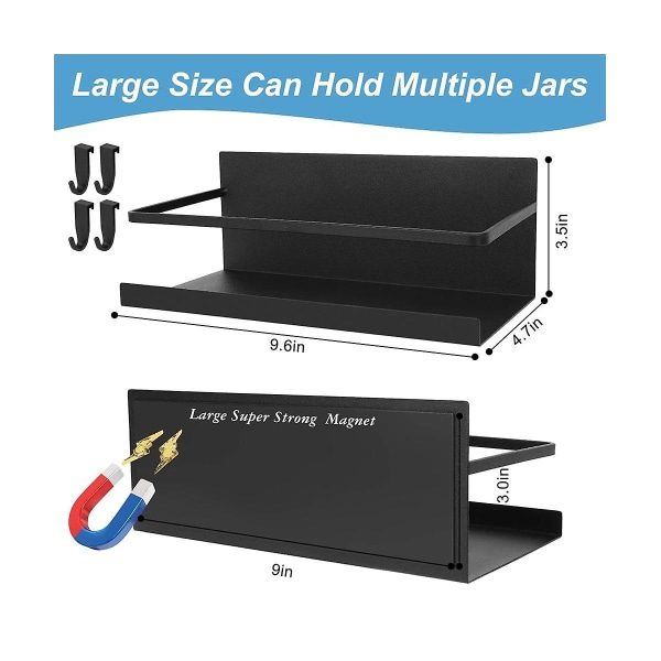 Magnetisk krydderihylde, magnetisk krydderihylde til køleskab, hylde med aftagelige kroge, magnetisk fri