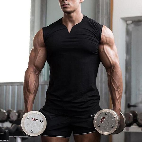 Herrar V-ringad Ärmlös Väst Sport Fitness Tank Tops Black 2XL