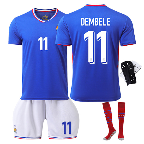 2024 EM Frankrike hemfotbollströja + strumpor + benskydd - Dembele 24(130-140cm)