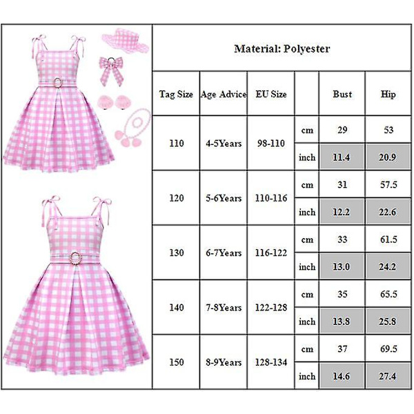 4-9 år Børn Piger Barbie Pink Power Kjole Cosplay Kostume Plaid Ærmeløs Med Tilbehør Gaver 4-5Y