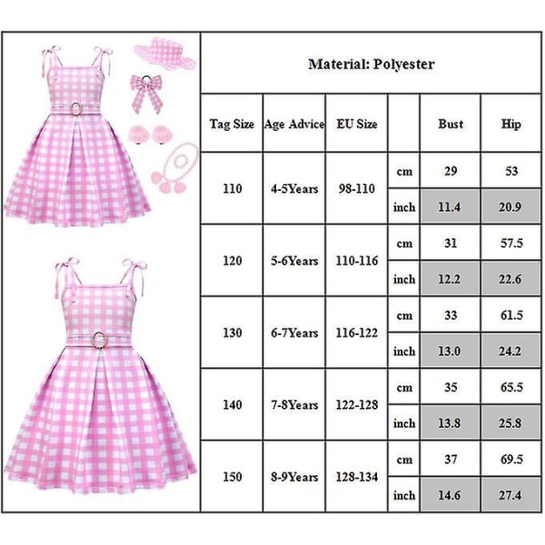 4–9-vuotiaat lapset tytöt Barbie vaaleanpunainen power Cosplay-asu, ruudullinen, hihaton ja tarvikkeet lahjat 6-7Y