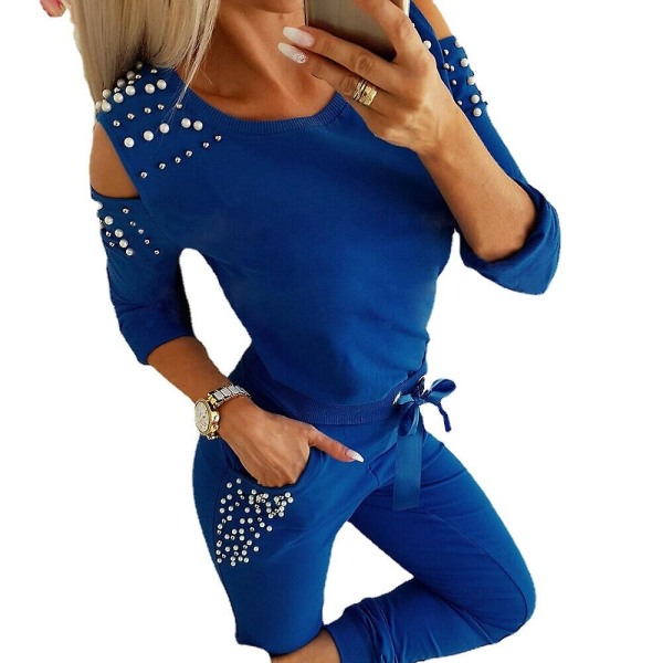 Kvinnor Långärmad Kalla axel Loungewear Joggingbyxor 2-delad Sweatshirt Outfits Set Blue S