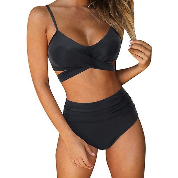 Dame Criss Cross Push Up Badedrakt Topper Magekontroll Halter Bikini Høy Livet Badetøy Todelt Black X-Large