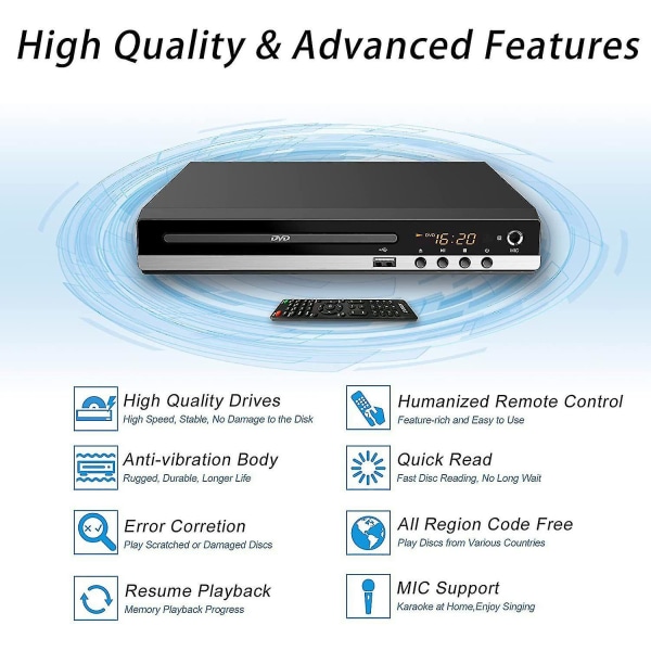 DVD-spillere kompatibel med TV med HDMI, DVD-spillere som spiller alle regioner, CD-spiller kompatibel med hjemmestereosystem, HDMI og Rca-kabel inkludert