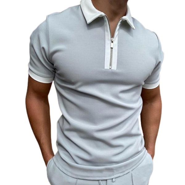 Herre poloskjorte kortermet sommer glidelås krage golf topper Light Grey XL