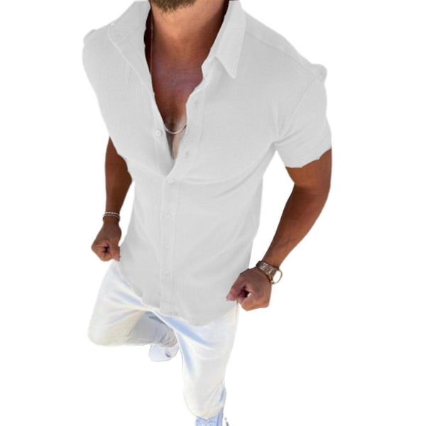 Herre topper Button Up skjorte Kortermet sommer fritidsskjorter White L