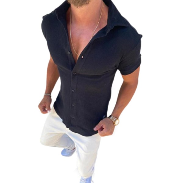 Herreoverdele Button Up Shirt Kortærmede sommer Casual skjorter Black L