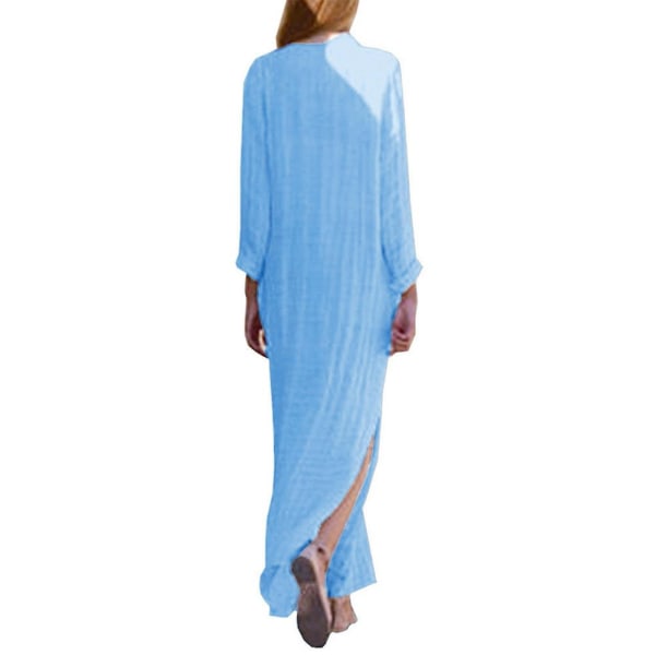 Naisten printed pitkähihainen V-kaula-mekko, haljattu helma, baggy kaftan-pitkä mekko Blue M