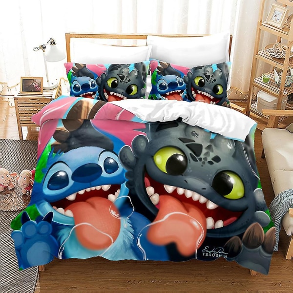 Sti19 3D-trykt Blå Stitch 2/3-delt Sengelinnedsæt Dynebetræk Quiltbetræk Pudebetræk Børnegave UK SINGLE 135x200cm