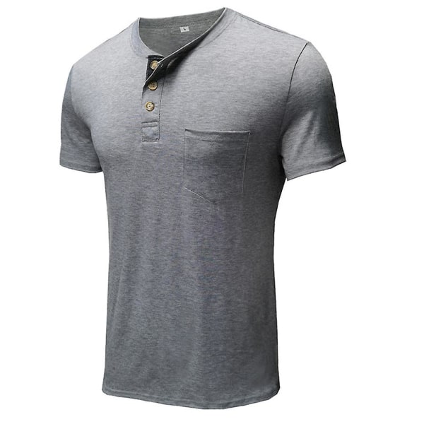 Mænds Henley T-shirts Kortærmede Sommer Topper Med Lomme Light Grey 2XL