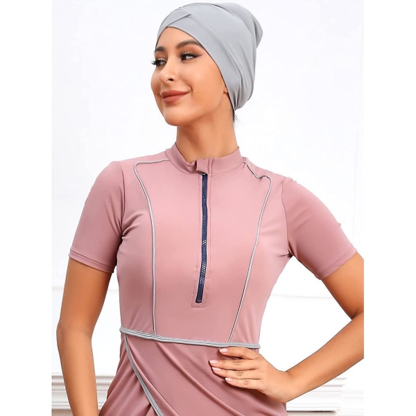 Kvinner Modest Badetøy Islamsk Muslim Badedrakt Kortermet Glidelås Front Topp Shorts Bukser Hijab 3stk Svømmedrakt S-4xl Tangrui Dusty Pink L