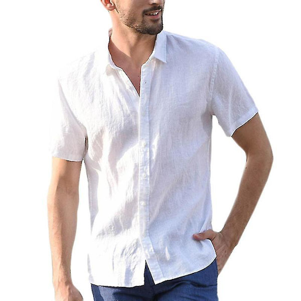 Herre sommer afslappet skjorte korte ærmer strand toppe White 2XL