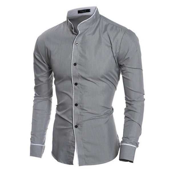 Herrar Solid Casual Stå-Krage Långärmad Skjorta Business Toppar Grey L