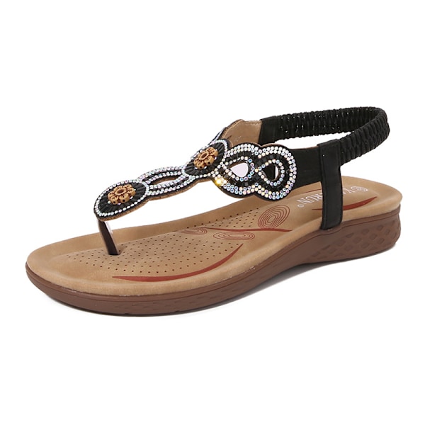 Bohemske sommersandaler for kvinner 2025 - Rhinestone plattform flip-flops Black 37