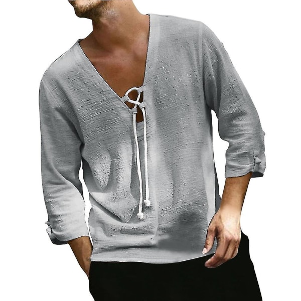 Miesten kesäiset V-kaula-aukkoiset nauhapaidat Casual Holiday Yksinkertaiset paidat Topit Grey XL