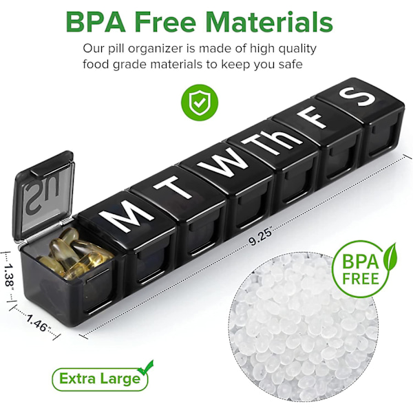 2 Pak Extra Stor Pilleorganiser til Ugen, BPA-Fri Pilleæske 7 Dage Med XL Rum Til Fiskeolie, Rejsevenlig Medicinorganiser Pilleetui Til Black