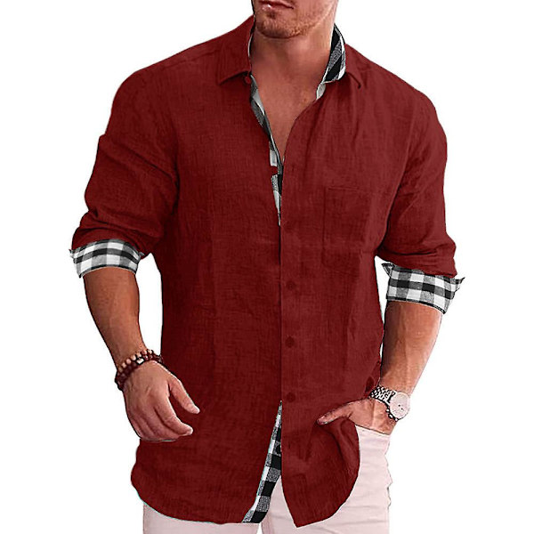 Høyhalset skjorte med knapper, rutete, avslappet, forretningsbruk, for menn Wine Red 2XL