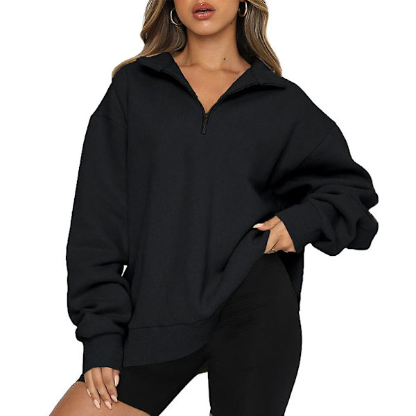 Kvinder Casual Toppe Sweatshirts Løs Langærmet Plain Pullover Black L
