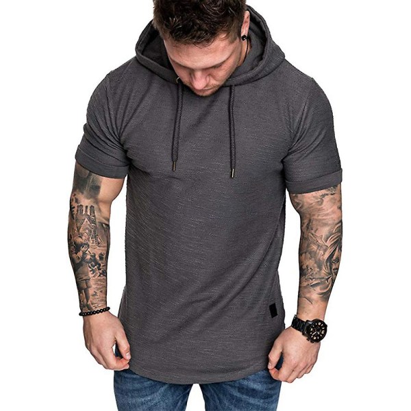 Herr Enfärgad kortärmad huva T-shirt Sommar Casual Sport Hoodies Toppar Dark Grey L