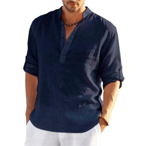 Herre Henley Shirt Langærmet Casual Beach Loose Fit skjorter Toppe Navy Blue M