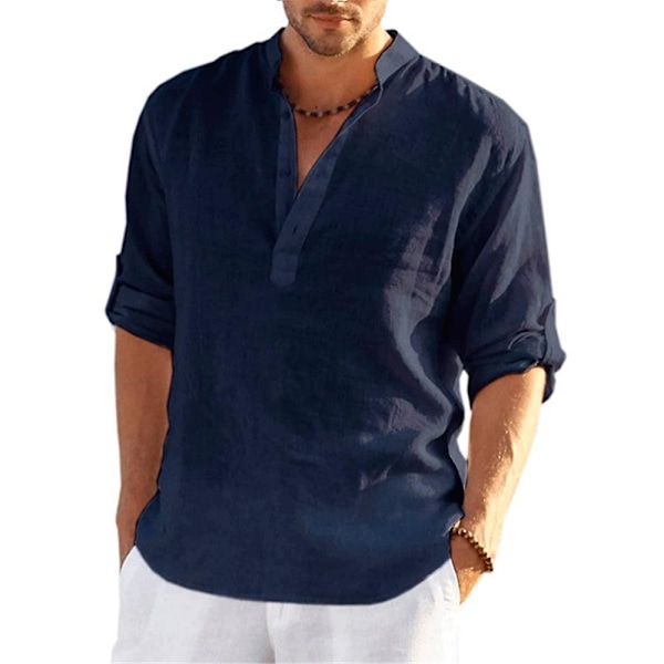 Miesten Henley-paita pitkähihainen rento ranta löysä istuvuus paidat topit Navy Blue XL