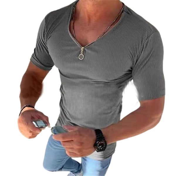 Herreoverdele Sommer Casual Slim Fit V-hals T-shirts med lynlås Light Grey 2XL