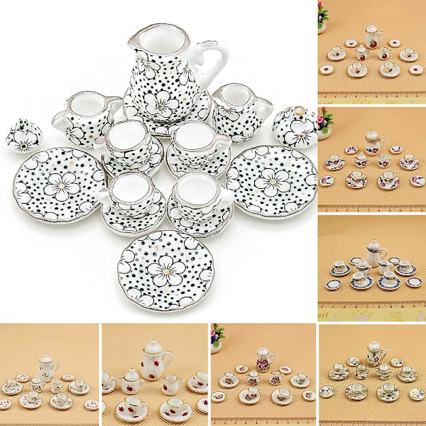 Farfi 15st/ set Dockhus Miniatyr Keramik Blommig Tekanna Kopp Fat Bestick Leksak Dot Wintersweet