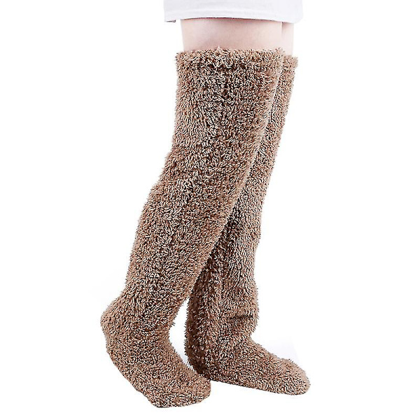 Over Knee Fuzzy Lange Strømper - Bløde Slippersokker Benvarmere Vinter Hjem Sove Strømper -ES Brown