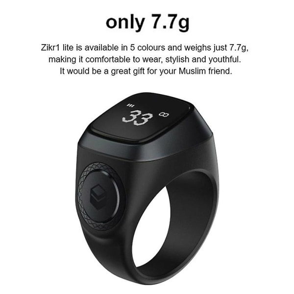Smart Tasbih Tally Counter Ring kompatibel med muslimer Zikr Digital Tasbeeh 5 Bönetidspåminnelse Bluetooth Black
