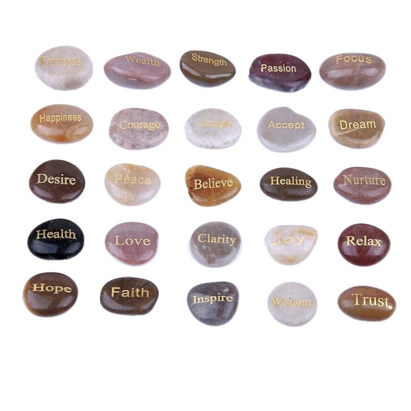 25 graverte inspirerende steiner med oppmuntrende ord Gullgraverte steiner for bekymring Affirma Color mixing