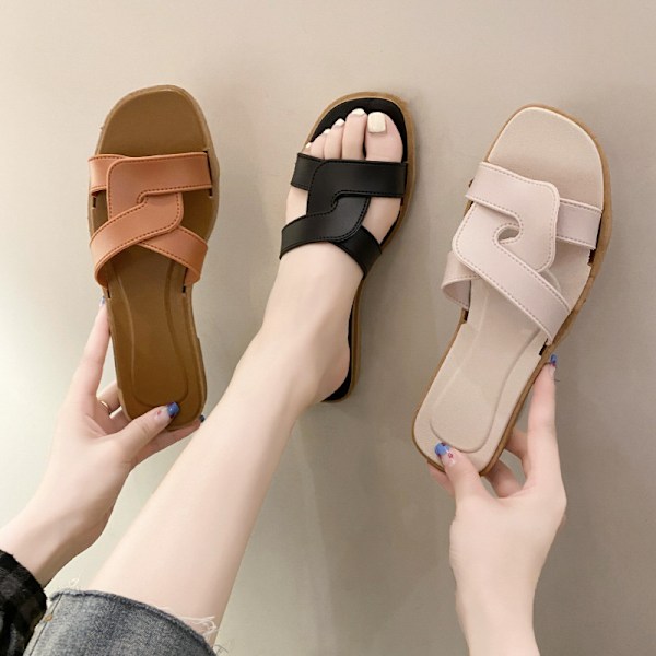 Sommartofflor för damer, utomhusbruk, koreansk stil Ins Web, modesandaler Beige crossover strap 40-41