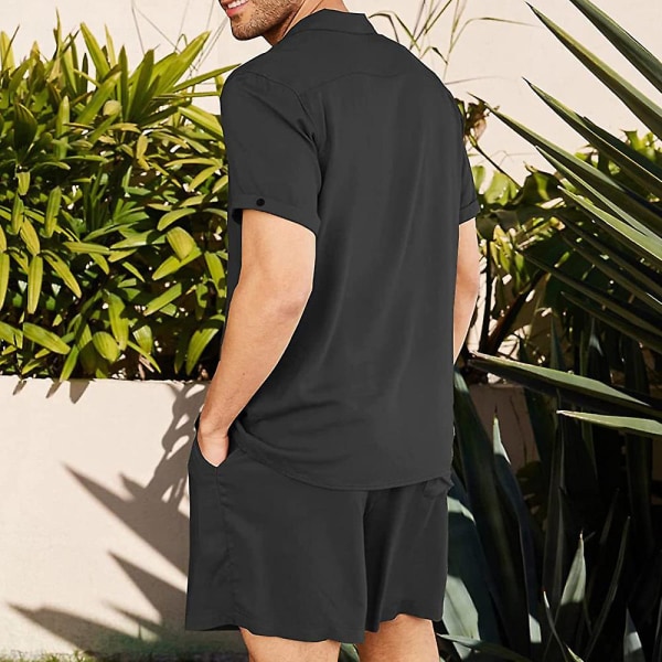 Menn Ensfarget kortermet skjorter Korte bukser Sett Sommerferie Strand Topper + Shorts Antrekk Black XL