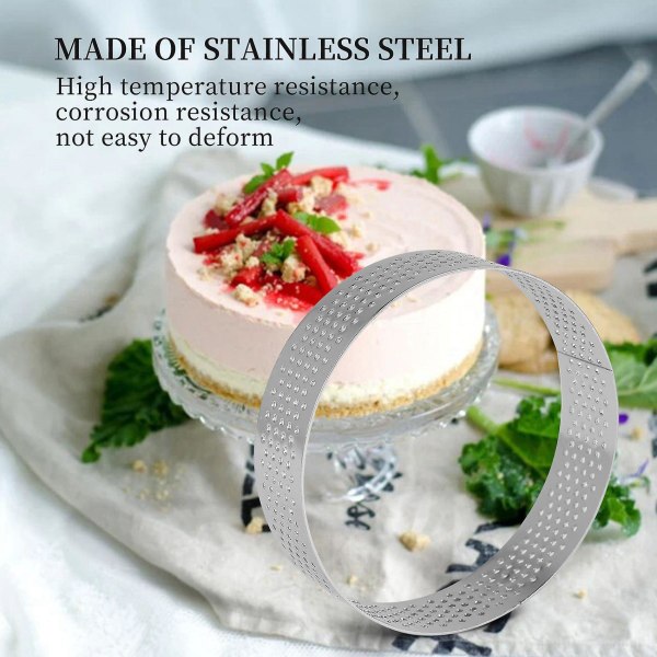 6 pakke terteringer i rustfritt stål, varmebestandig perforert kakemoussering, ringform for kaker, rund Silver