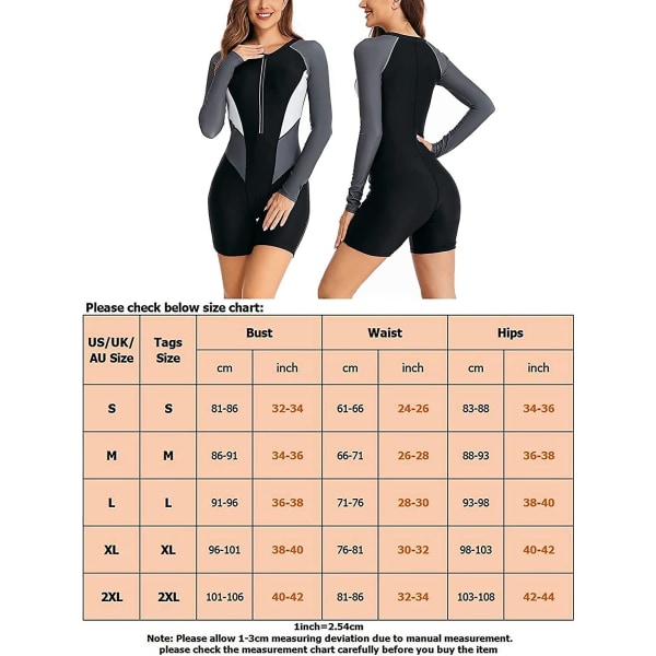 Dam One Piece Baddräkt Långärmad Rash Guard Damers Vattentät Dräkt Atletisk Baddräkt Surfing Dykning Blixtlås Framme Baddräkt Badkläder Tangrui Grey 1453 S