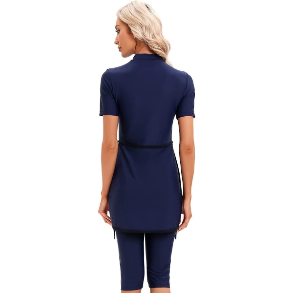 Kvinder Modest Badetøj Islamisk Muslim Badedragt Kortærmet Lynlås Forside Top Shorts Bukser Hijab 3 stk Svømmekostume S-4xl Tangrui Navy XXL
