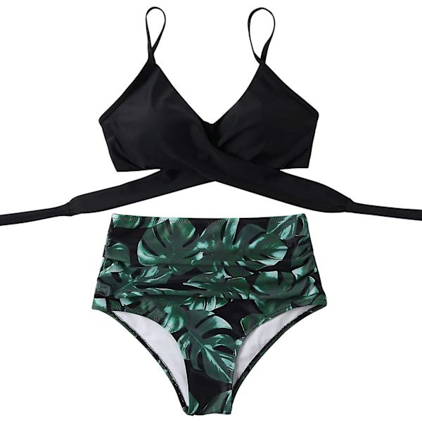 Naisten Ristiinasetetut Push Up Uimapaidat Vatsan Kontrolloivat Halter Bikinit Korkeavyötäröiset Uimapuvut Kaksi Osainen Uimapuvut Black Green XX-Large