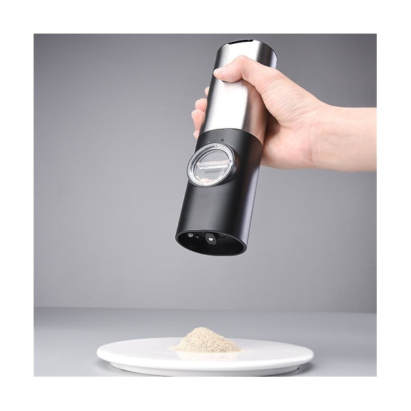 Oppladbar elektrisk salt- og pepperkvernkvern Led enhånds automatisk elektronisk kryddermølle Sha Black  Silver