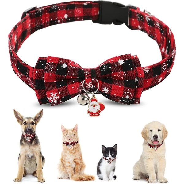 Julkatthalsband, fluga och klockkatthalsband, justerbart julhalsband för hundar, julhalsband kompatibelt med hundar och katter (1 st -ES