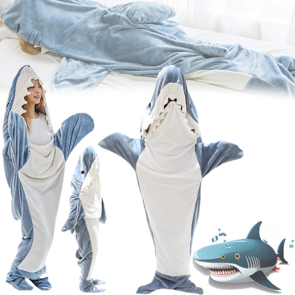 Shark Blanket Hoodie - 2023 Uusi Shark Blanket Adult Women / Children, Shark Blanket Hoodie Makuupussi, Super Pehmeä Cozy Flanellihuppari -ES 75in-190cm