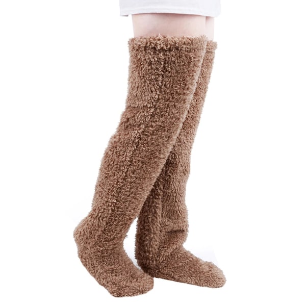 Overknæhøje fuzzy lange sokker Plys hjemmesko strømper Benvarmere Sovestrømper til vinterhjem -ES Brown