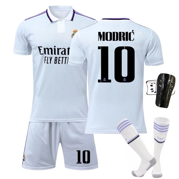 22-23 Real Madrid Hjem Hvid Trøje Modric Fodbold Uniform Sæt+Sok+Beskyttelsesudstyr 28(150-160cm)