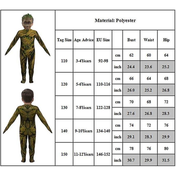 3-12 år Barn Halloween Party I'm Groot Cosplay Kostym Body Jumpsuit Med Mask Outfits Presenter 7-8 Years