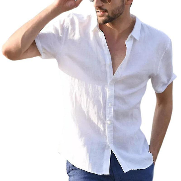 Herre sommer afslappet skjorte korte ærmer strand toppe White 2XL